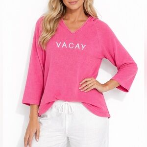 NWT Lulu B Pink Embroidered Chenille VACAY Hoodie V-neck Pullover Sweater XL